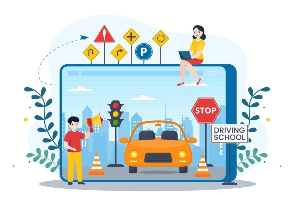 driving school with education process of car training and learning to drive to get drivers license in flat cartoon hand drawn templates illustration vector